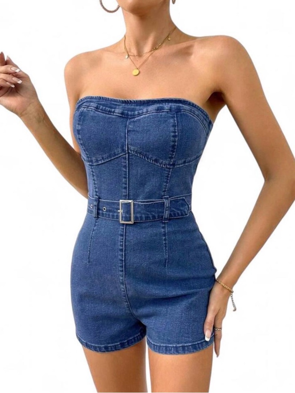SHEIN Light Wash Denim Tube Romper Belted Zip Back Size Small